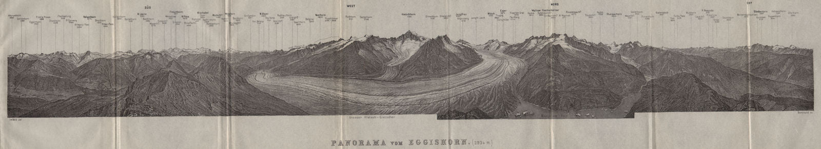 EGGISHORN PANORAMA Aletschhorn Glacier Nesthorn Mont Blanc Leone Eiger 1909 map